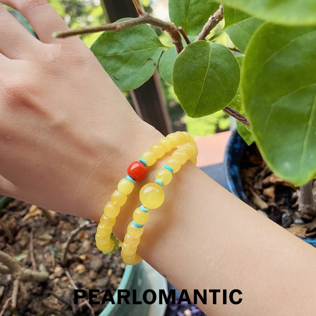 [Designer’s Choice] Golden Glow Natural Beeswax Turquoise Red Agate Double-Wrap Bracelet