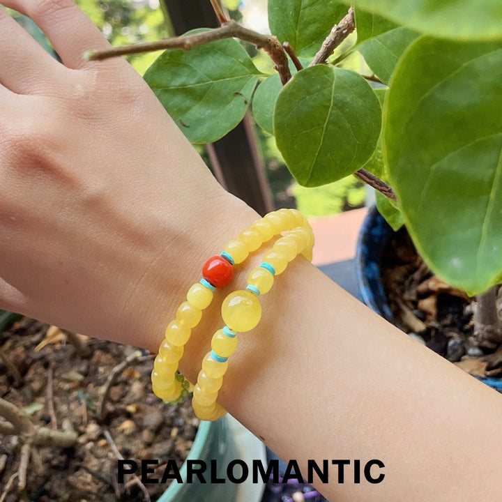 [Designer’s Choice] Golden Glow Natural Beeswax Turquoise Red Agate Double-Wrap Bracelet