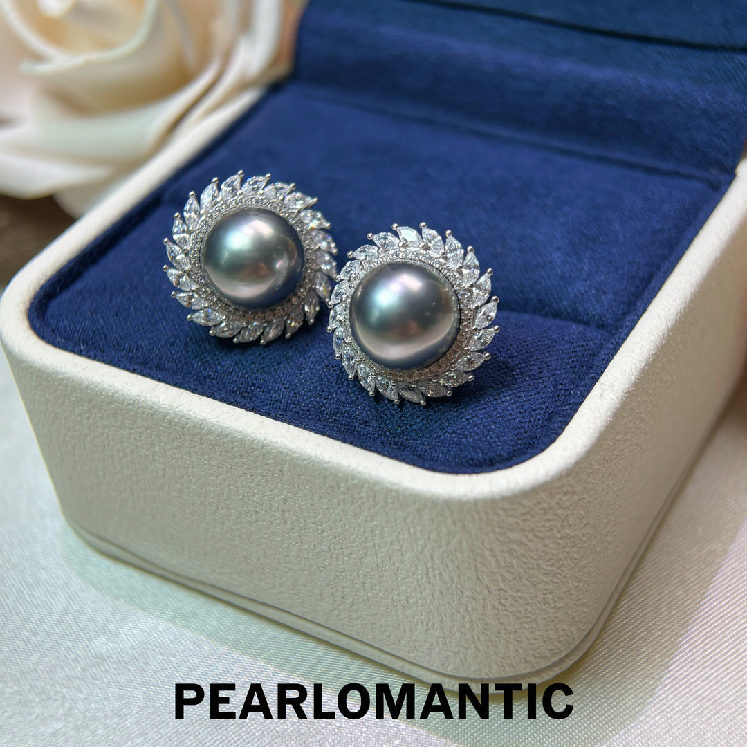 [Designer’s Choice] Moon Halo 10–11mm 4A Tahitian Pearl Platinum Gray S925 Gold-Plated Stud Earrings