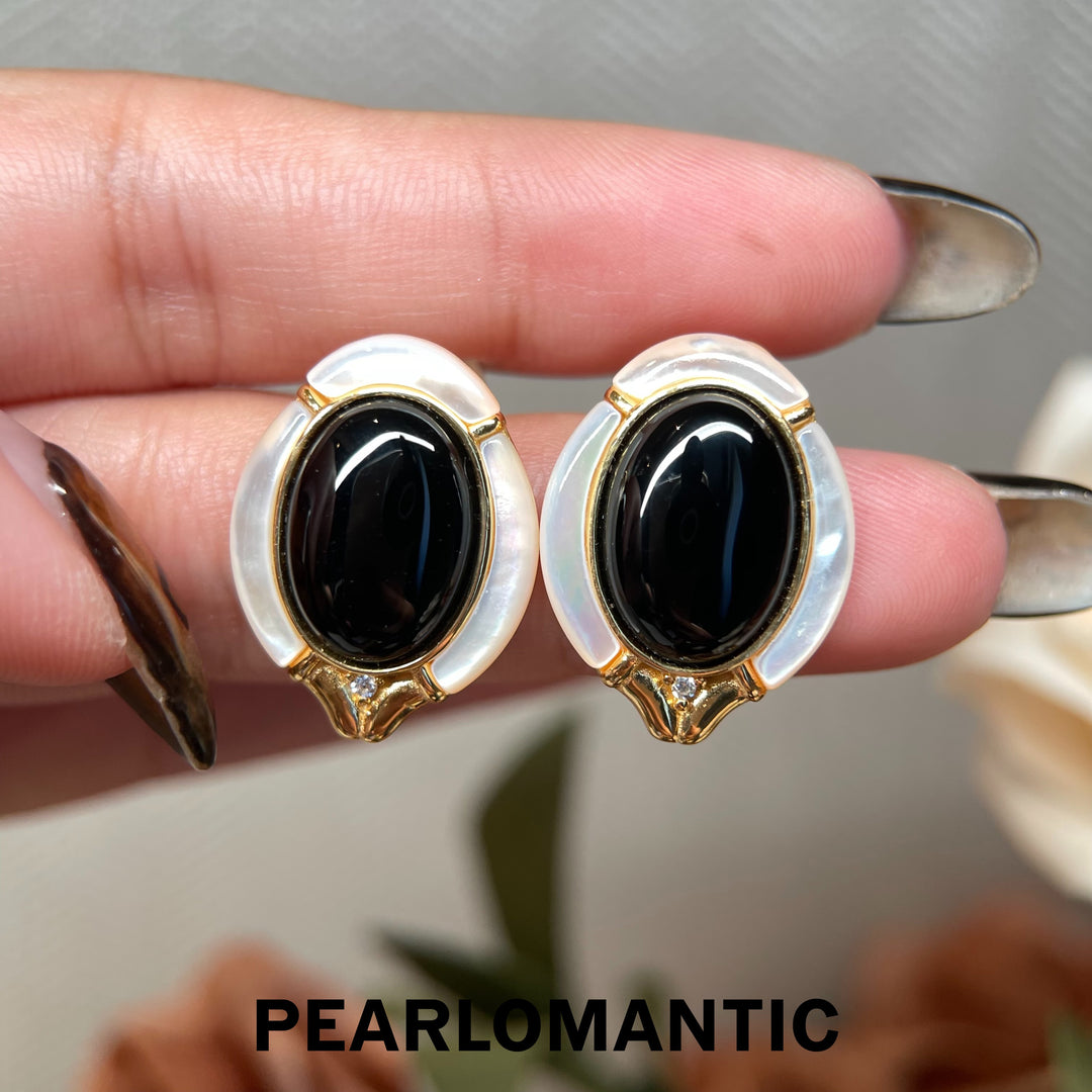 [618 Sale] Black Agate White MOP Oval Frame Earrings w/ S925 Silver