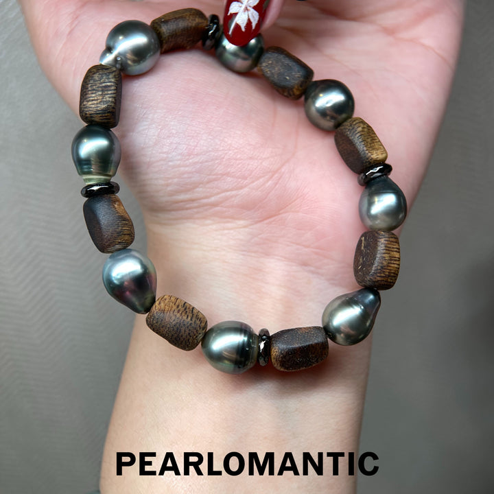 [618 Sale] Natural Sandalwood Tahitian Pearl Bracelet w/ S925 Silver