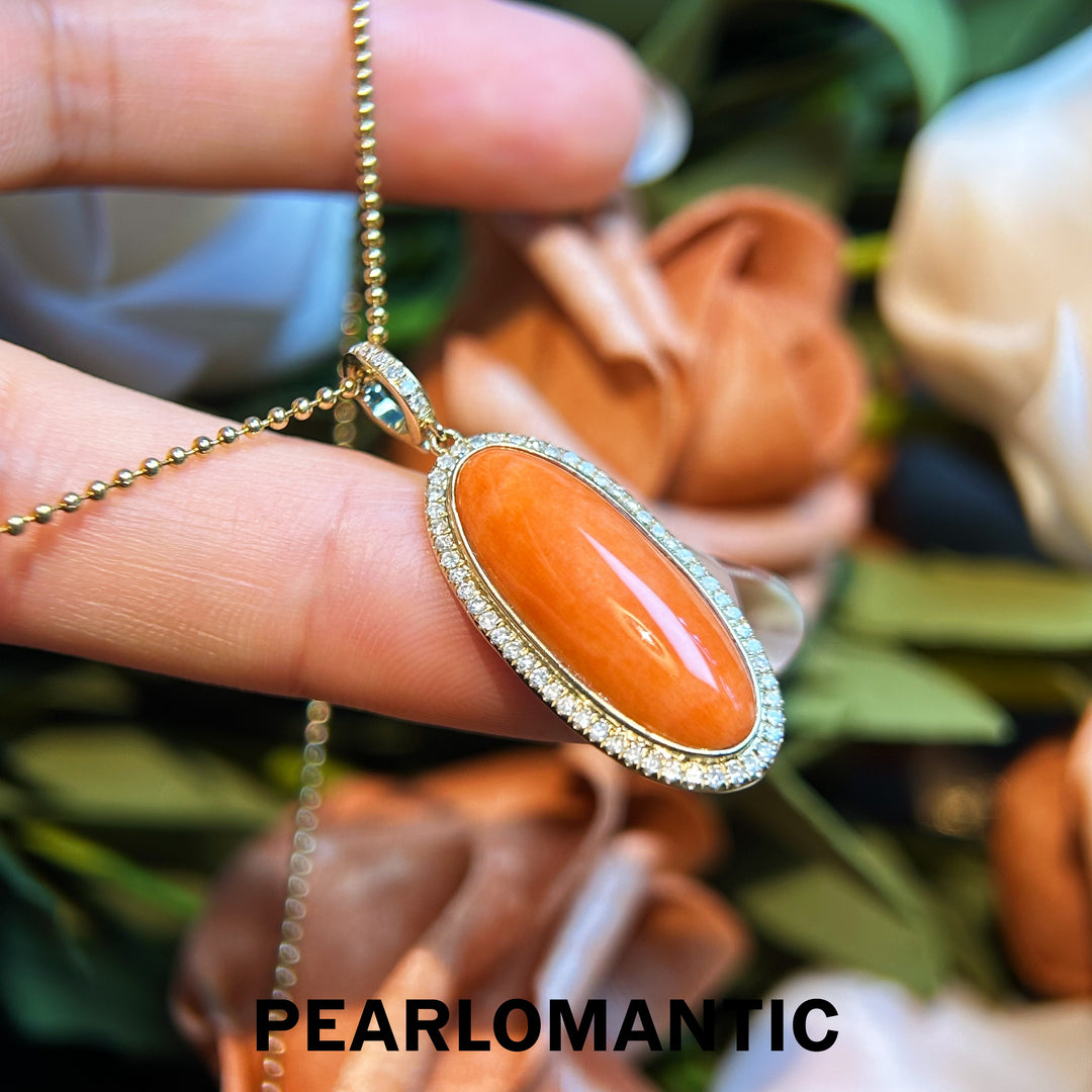[Fine Jewelry] Pink Coral Big 7.95ct Oval Shape All-purpose Pendants w/ 14k Gold & Diamonds