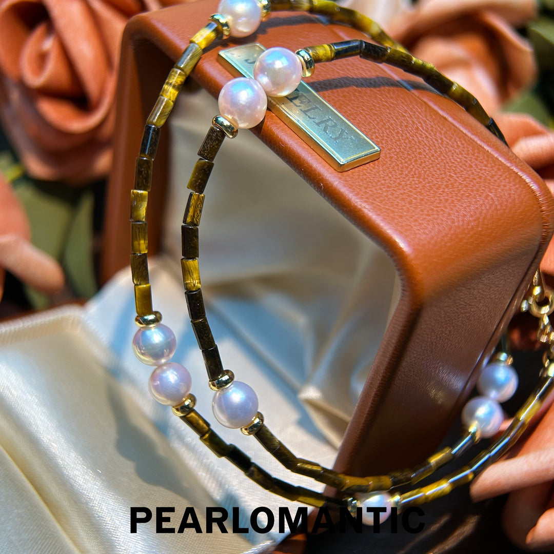 [Designer's Choice] Akoya Pearl & Tiger Eye Striped Luster Necklace Adjustable w/ S925 Silver