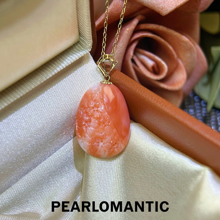 [618 Sale] Japan Made Pink Coral Floral Carved Pendant in 18K Gold