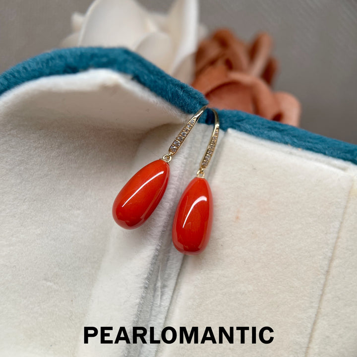 [Joyas finas] Pendientes de coral en forma de lágrima radiante "Vermilion Glow" con detalles de circonita