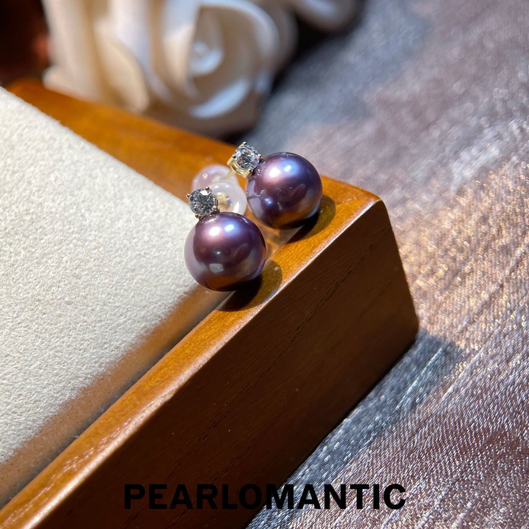 [Fine Jewelry] 18k Gold Freshwater Pearl 9-10mm Top Level Purple Color Princess Earring Studs