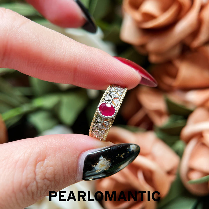 [Fine Jewelry] 18k Gold & Ruby & Diamonds Timeless Openwork Wide Ring