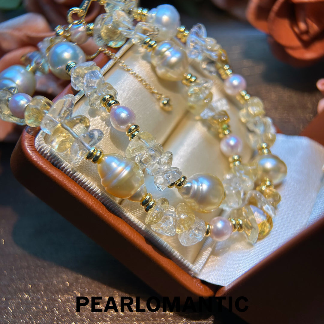 [Designer's Choice] Tri-Pearls One-of-Kind Golden Sunlight Adjustable Necklace w/ Silver