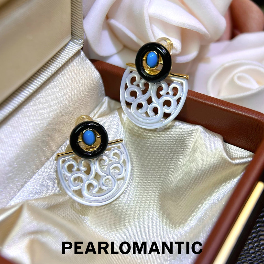 [618 Sale] Mother of Pearl Openwork Fan Earrings w/ Black Agate &amp; Turquoise