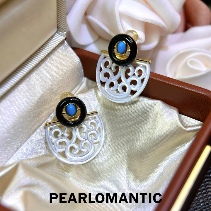 [618 Sale] Mother of Pearl Openwork Fan Earrings w/ Black Agate &amp; Turquoise