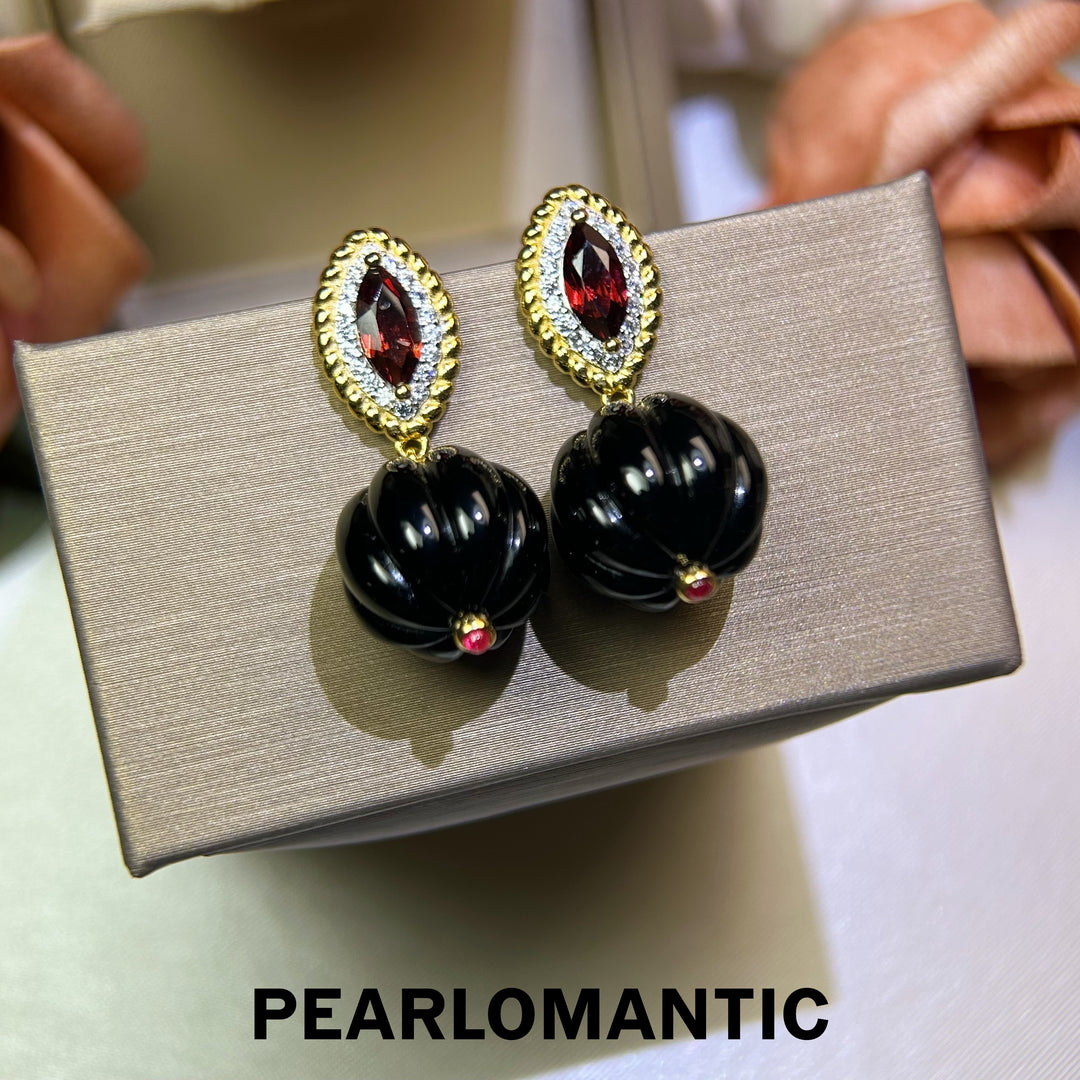 [618 Sale] Black Agate Pumpkin Cut Drop Earrings w/ S925 Silver
