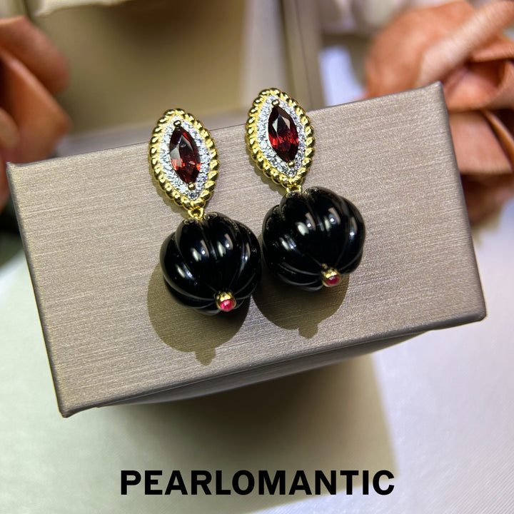 [618 Sale] Black Agate Pumpkin Cut Drop Earrings w/ S925 Silver