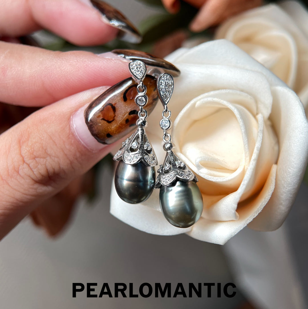 [618 Sale] Tahitian Black Baroque Pearl Flower Cap Drop Earrings