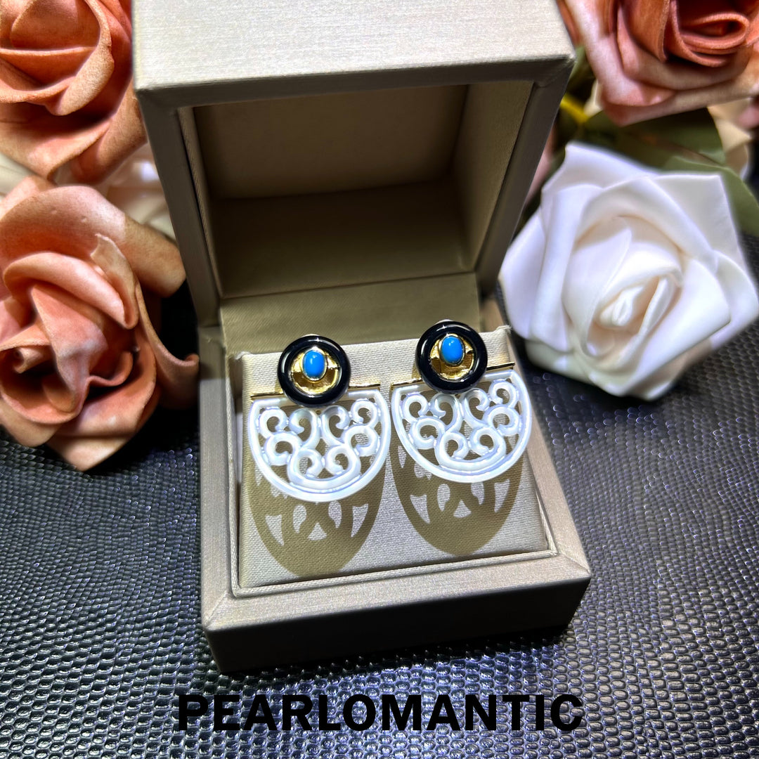 [618 Sale] Mother of Pearl Openwork Fan Earrings w/ Black Agate &amp; Turquoise