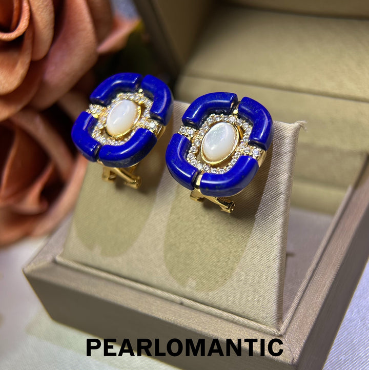 [618 Sale] Natural Lapis Lazuli Blue Frame MOP Stud Earrings w/ S925 Silver