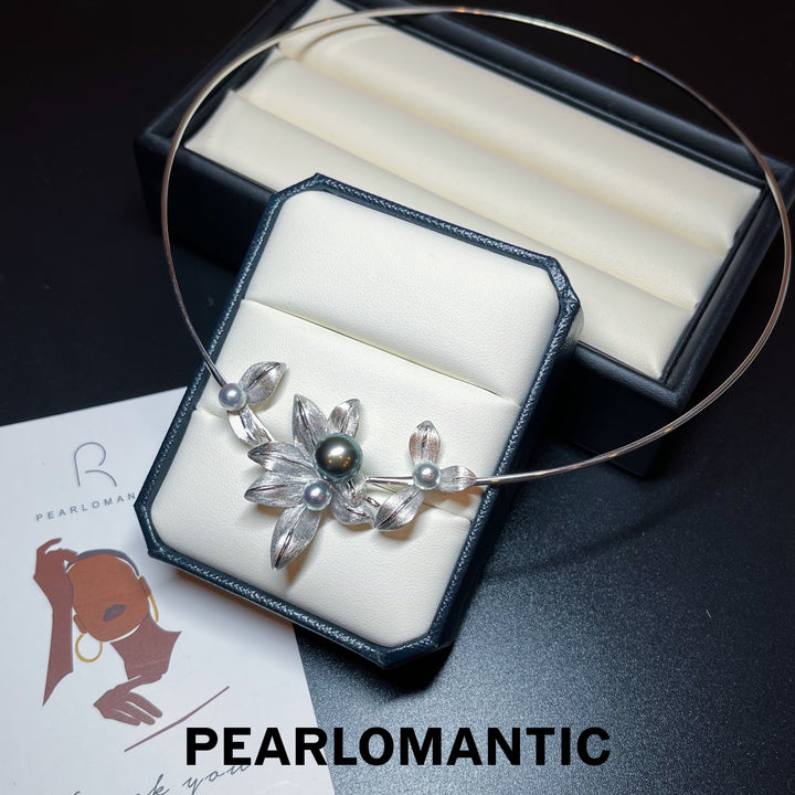 [Fine Jewelry] Tahitian Black Pearl + Akoya Madama Pearl 5-10mm Silver Collar