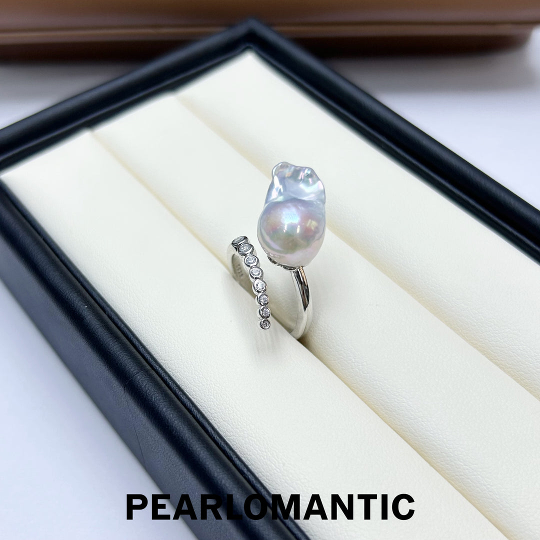 [Designer's Choice] Freshwater Big Size Baroque Pearl Silver Blue Color S925 Adjustable Rings