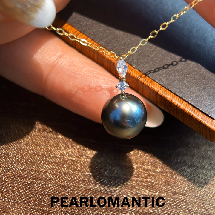 [Fine Jewelry] Tahitian Black Pearl 9-10mm Teardrop Zircon Pendants w/ 18k Gold