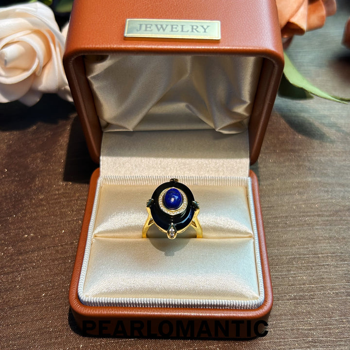 [Designer's Choice] Midnight Orbit – Lapis Lazuli & Onyx Adjustable S925 Silver Ring