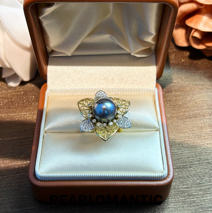 [Everyday Essentials] Midnight Bloom – Tahitian Black Pearl Floral Adjustable Ring