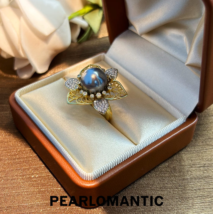 [Everyday Essentials] Midnight Bloom – Tahitian Black Pearl Floral Adjustable Ring