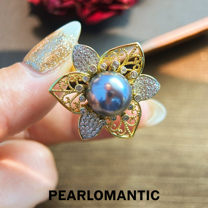 [Everyday Essentials] Midnight Bloom – Tahitian Black Pearl Floral Adjustable Ring