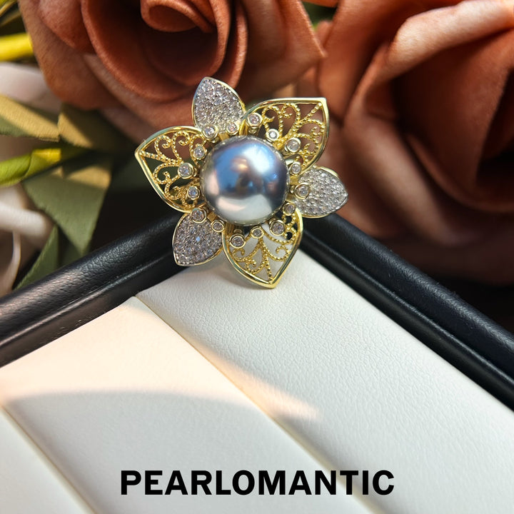 [Everyday Essentials] Midnight Bloom – Tahitian Black Pearl Floral Adjustable Ring