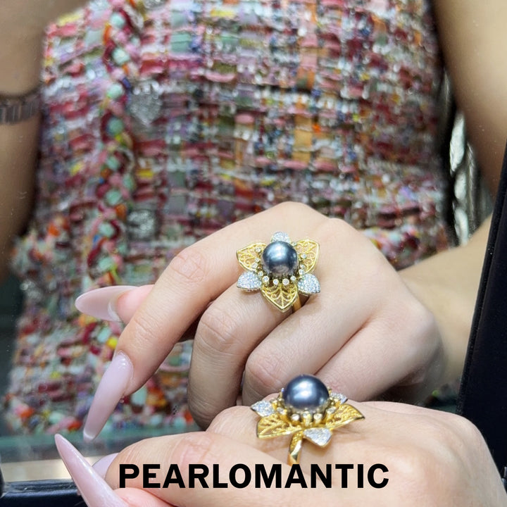 [Everyday Essentials] Midnight Bloom – Tahitian Black Pearl Floral Adjustable Ring