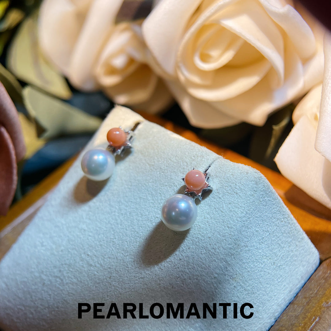 [Fine Jewelry] 18k Gold & Pink Coral & Akoya Pearl Sunset Whisper Earring Studs