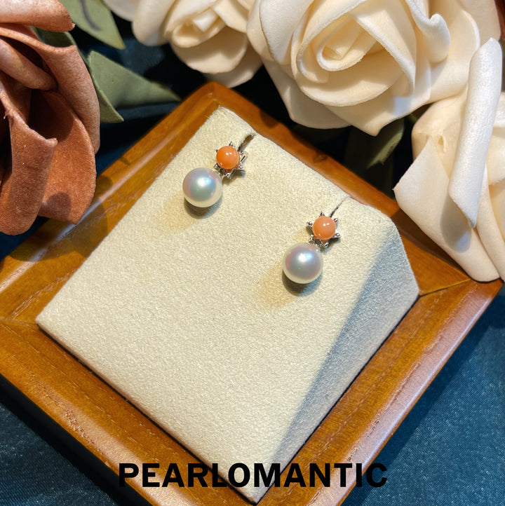 [Fine Jewelry] 18k Gold & Pink Coral & Akoya Pearl Sunset Whisper Earring Studs
