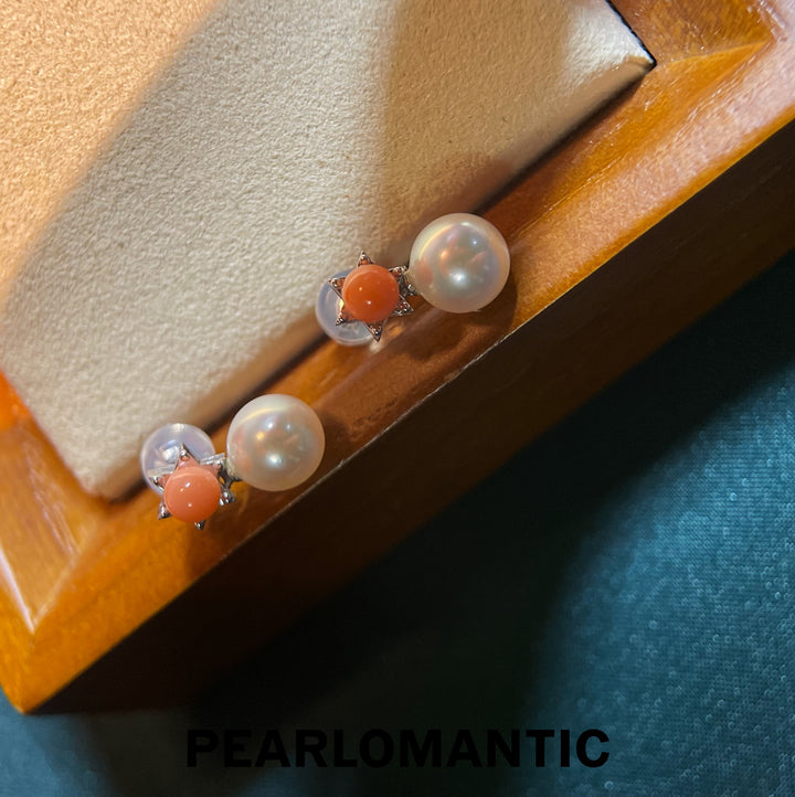 [Fine Jewelry] 18k Gold & Pink Coral & Akoya Pearl Sunset Whisper Earring Studs