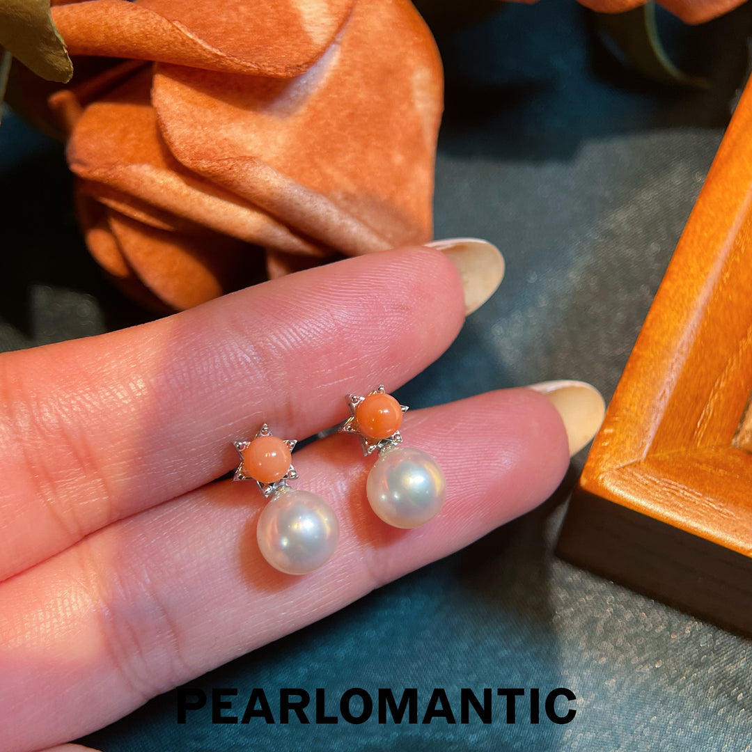[Fine Jewelry] 18k Gold & Pink Coral & Akoya Pearl Sunset Whisper Earring Studs