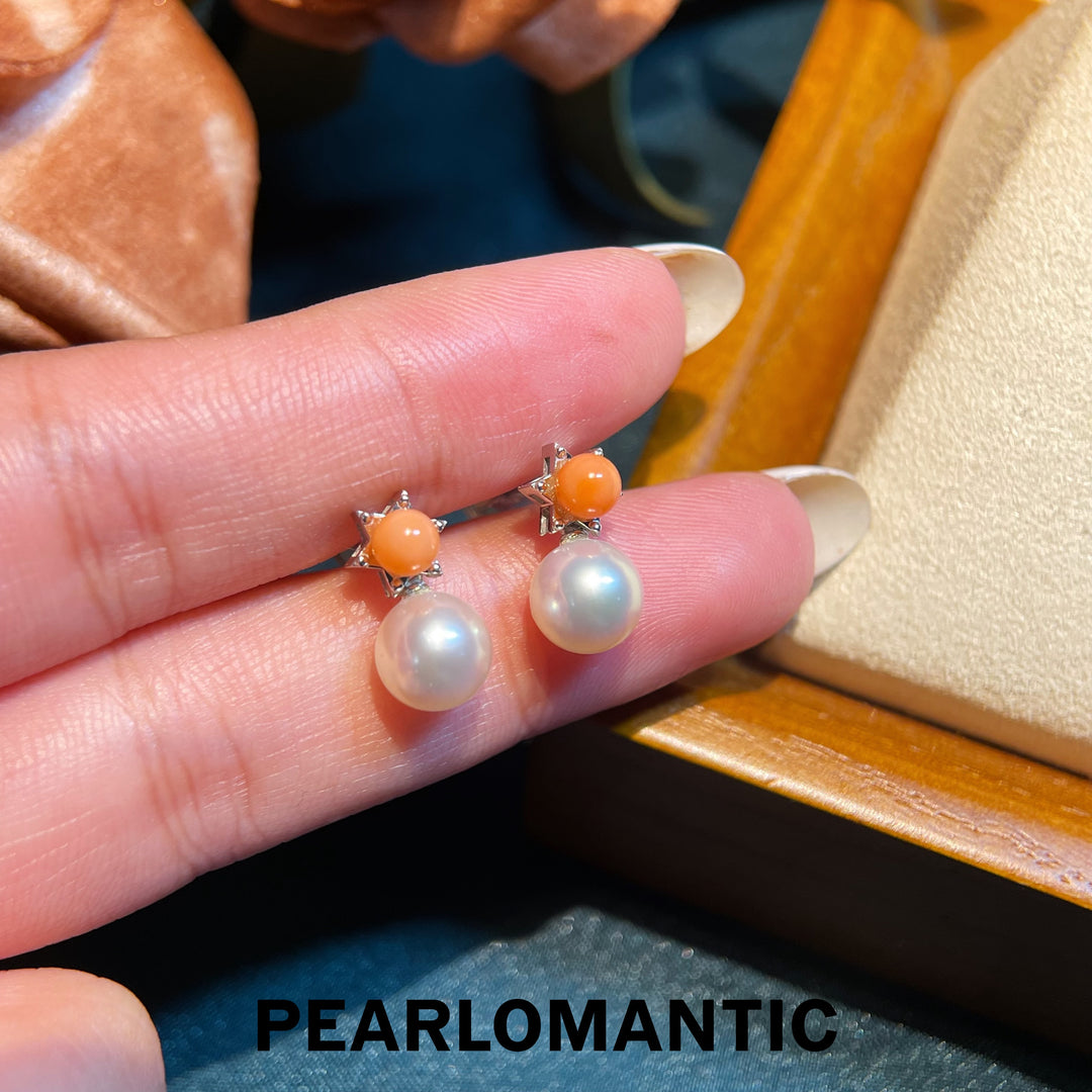 [Fine Jewelry] 18k Gold & Pink Coral & Akoya Pearl Sunset Whisper Earring Studs