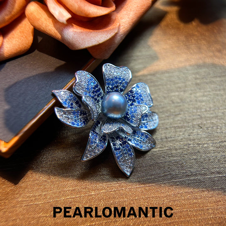 [Everyday Essentials] Tahitian Black Pearl 9-10 mm Azure Bloom Flower Brooch
