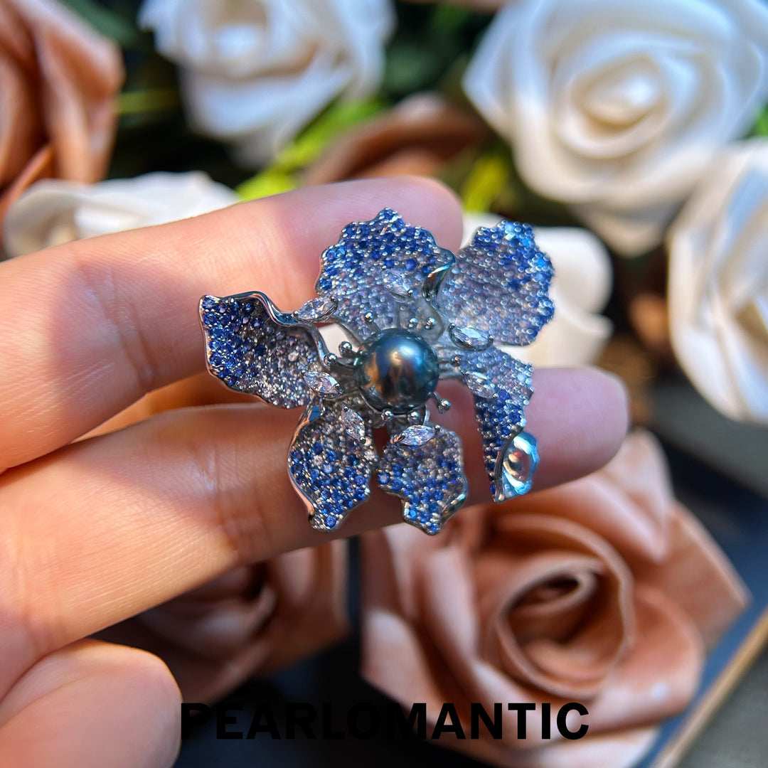 [Everyday Essentials] Tahitian Black Pearl Blue Dreamy Secluded Flower Brooche