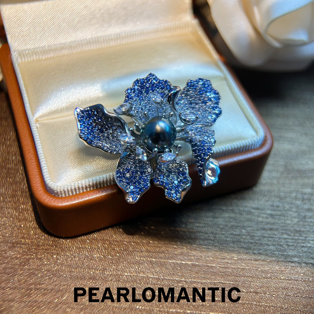 [Everyday Essentials] Tahitian Black Pearl Blue Dreamy Secluded Flower Brooche