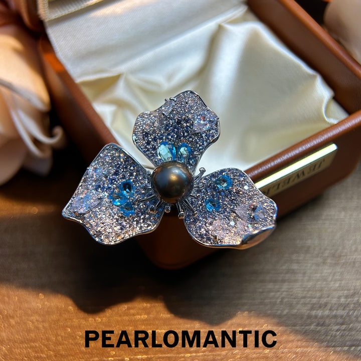 [Everyday Essentials] Tahitian Black Pearl Blue Kissed Pearl Blossom Brooch