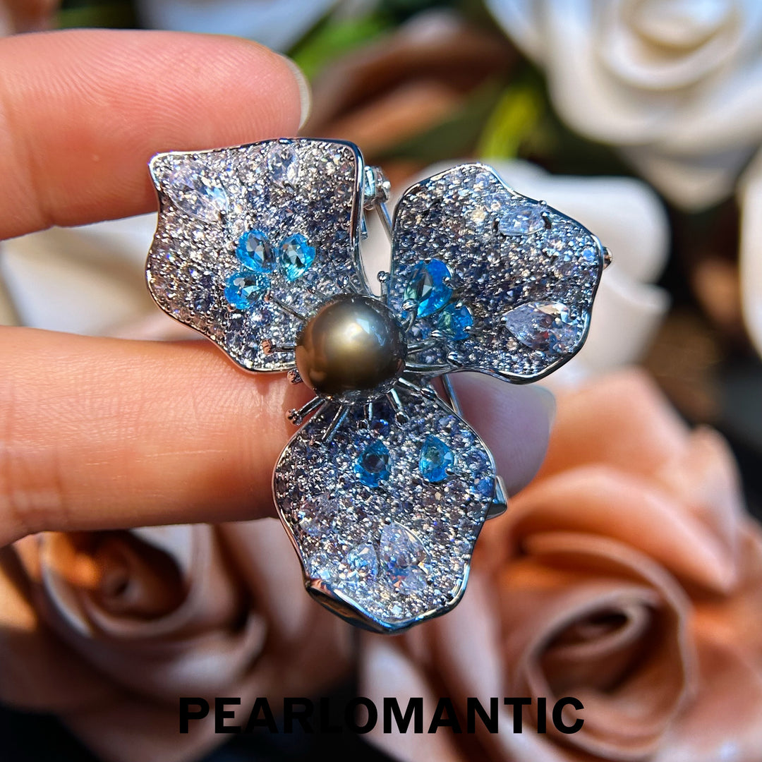 [Everyday Essentials] Tahitian Black Pearl Blue Kissed Pearl Blossom Brooch