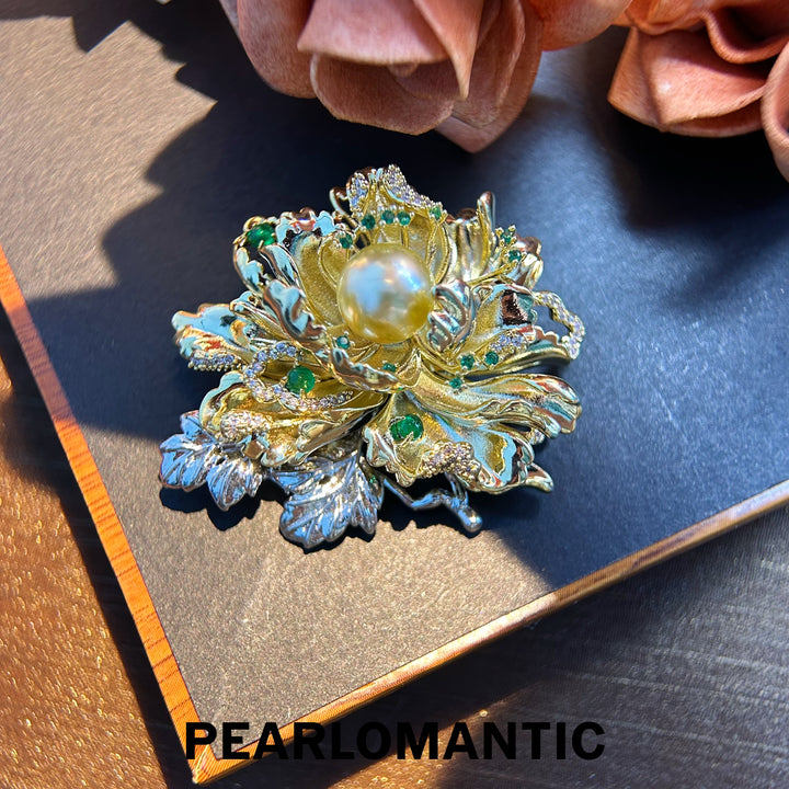 [Everyday Essentials] South Sea Golden 10-11mm Pearl Elegant Golden Peony Brooch