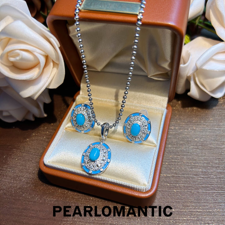[Designer's Choice] Sleeping Beauty Turquoise Dazzling Halo Sparkle Pendants, Earrings, Set