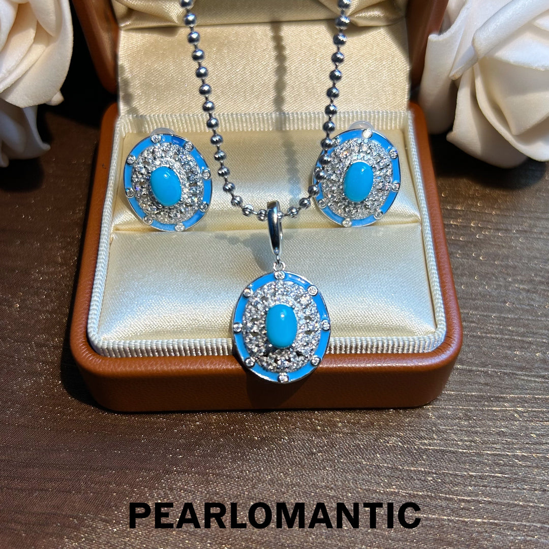 [Designer's Choice] Sleeping Beauty Turquoise Dazzling Halo Sparkle Pendants, Earrings, Set