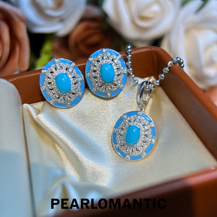 [Designer's Choice] Sleeping Beauty Turquoise Dazzling Halo Sparkle Pendants, Earrings, Set