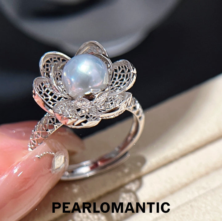 [Designer's Choice] Akoya Pearl Silver Blue Intricate Openwork Silve Adjustable Ring
