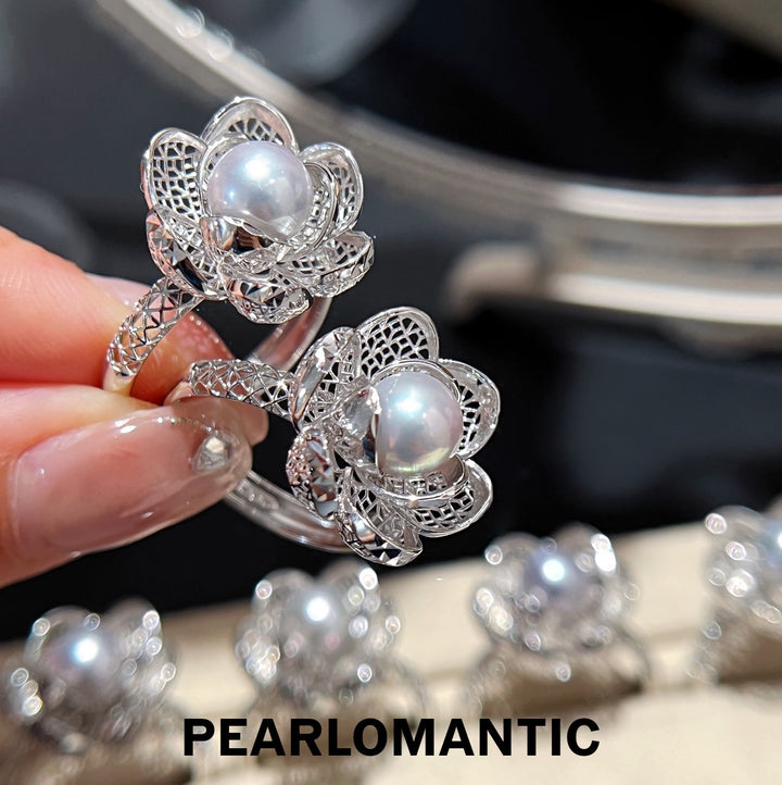 [Designer's Choice] Akoya Pearl Silver Blue Intricate Openwork Silve Adjustable Ring