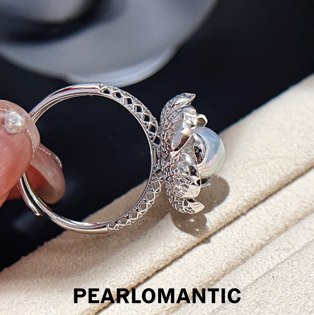 [Designer's Choice] Akoya Pearl Silver Blue Intricate Openwork Silve Adjustable Ring
