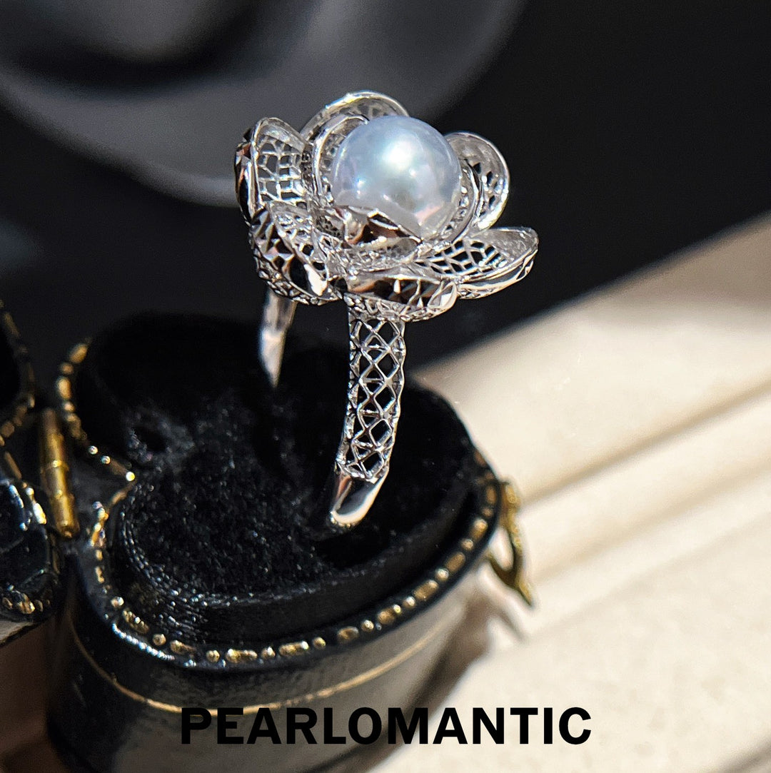 [Designer's Choice] Akoya Pearl Silver Blue Intricate Openwork Silve Adjustable Ring