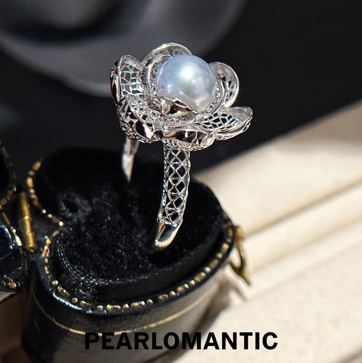 [Designer's Choice] Akoya Pearl Silver Blue Intricate Openwork Silve Adjustable Ring