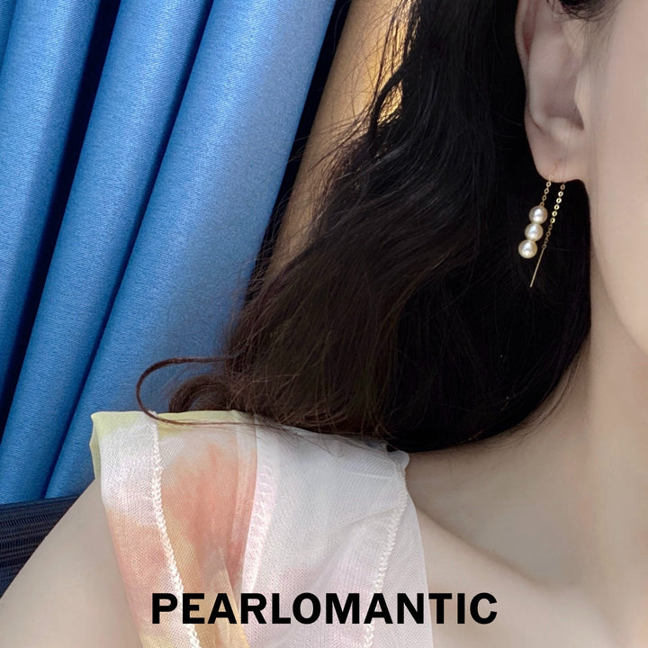 [Fine Jewelry] Natural Golden Akoya Pearl Triple Drop Threader Earrings in 18K Gold