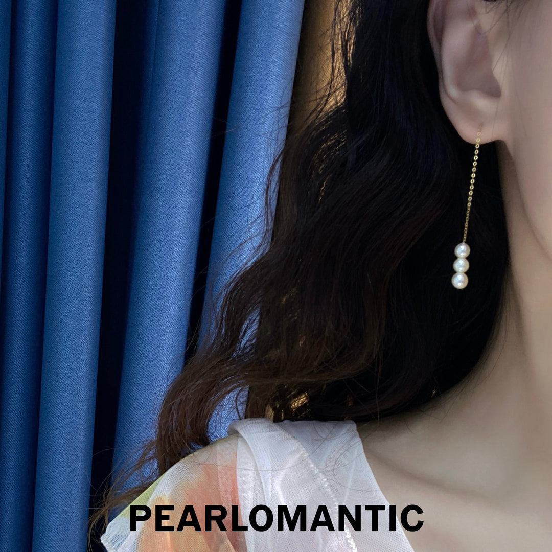 [Fine Jewelry] Natural Golden Akoya Pearl Triple Drop Threader Earrings in 18K Gold