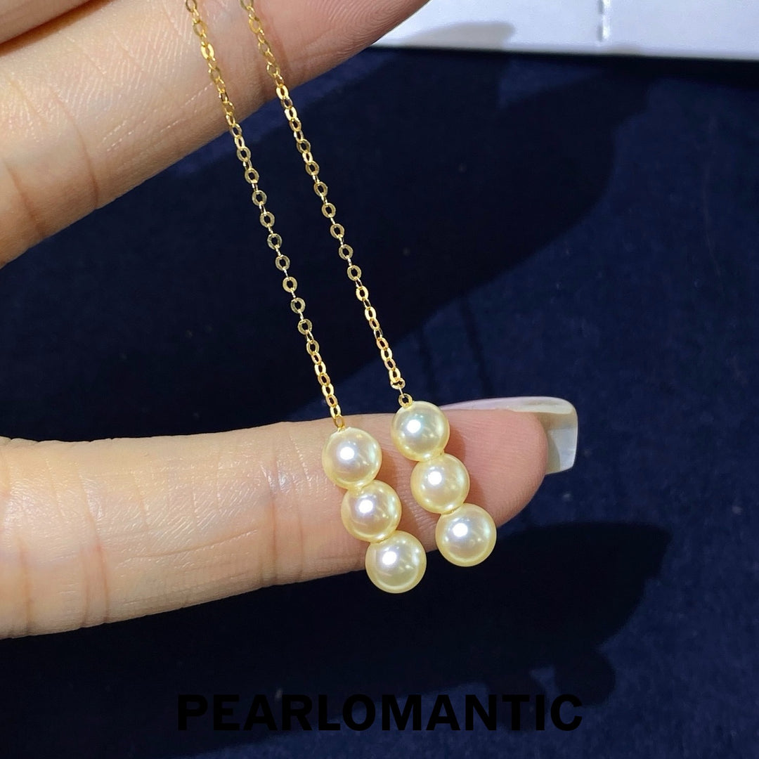 [Fine Jewelry] Natural Golden Akoya Pearl Triple Drop Threader Earrings in 18K Gold